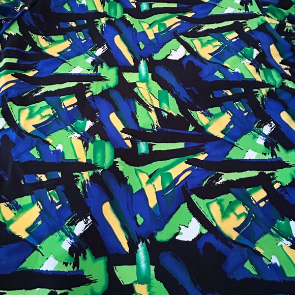 TUNIC, STRETCH, BLUE/YELLOW/GREEN, SIZE 3X, VEE NECK, WAIST TIES FOR BOW, - Picture 11 of 13